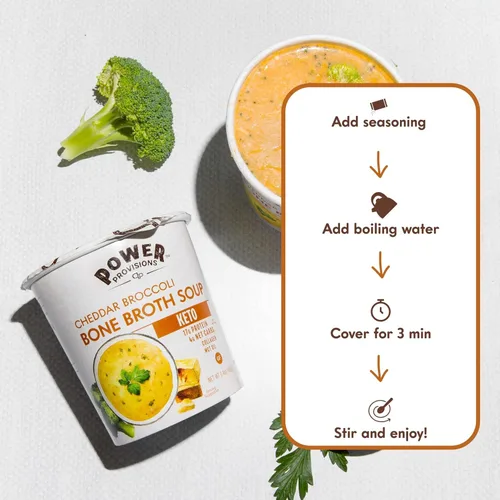 Miniatura 2 de Power Provisions Tazas de Caldo de Hueso de Cheddar y Brócoli - Taza de Sopa Instantánea Keto - Infundido con Colágeno y 17g de Proteína - Sopa Sin