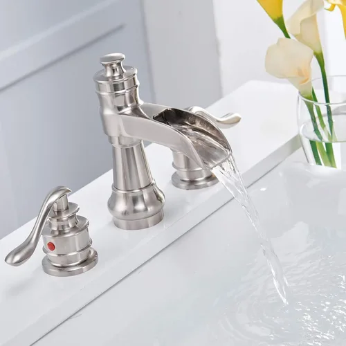 Miniatura 4 de Grifo de baño generalizado de níquel cepillado, cascada de 2 manijas con tapón de drenaje emergente, tocador de baño de 3 agujeros, grifo mezclador