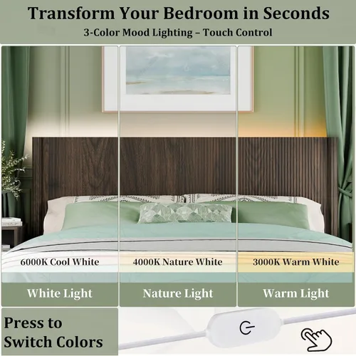 Miniatura 4 de Cabecera tamaño King solamente, moderno tablero acanalado montado en la pared con iluminación, cabecera de cama de madera bohemia elegante