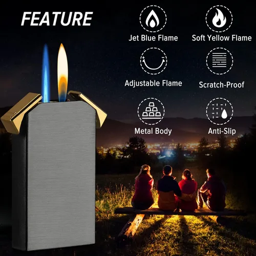Miniatura 3 de Encendedor de doble llama – Linterna conmutable y llama suave, butano recargable, encendedores de tubería fría – Regalos únicos