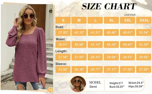 Miniatura 4 de WIHOLL Camisetas tipo túnica para mujer, ajuste holgado, manga larga, cuello cuadrado