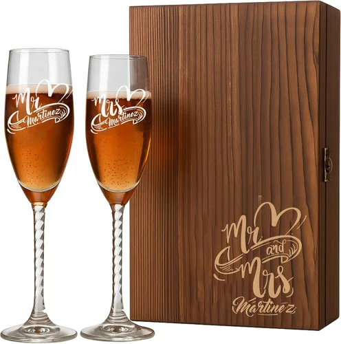 Juego de vasos personalizados para brindis Mr & Mrs – Caja de madera grabada incluida – Regalo de compromiso y aniversario personalizado Diseño #1