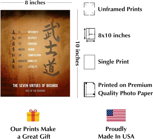 Miniatura 2 de Seven Virtues Of Bushido - Arte de pared con citas inspiradoras, decoraciones de pared motivacionales, impresión de pergamino envejecido perfecta