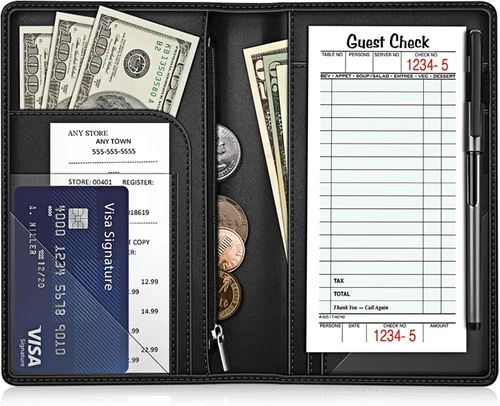 Libreta organizadora para meseros, con bolsillo con cremallera, Fintie de piel sintética para restaurante y visitantes, tarjetero para meseras, Negro