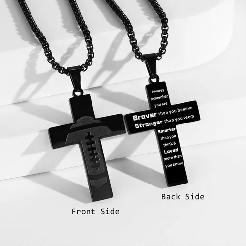 Miniatura 2 de Collar de cruz de fútbol para niños, colgante de cruz de versículo bíblico inspirador, cadena de acero inoxidable de 22 + 2 pulgadas, joyería