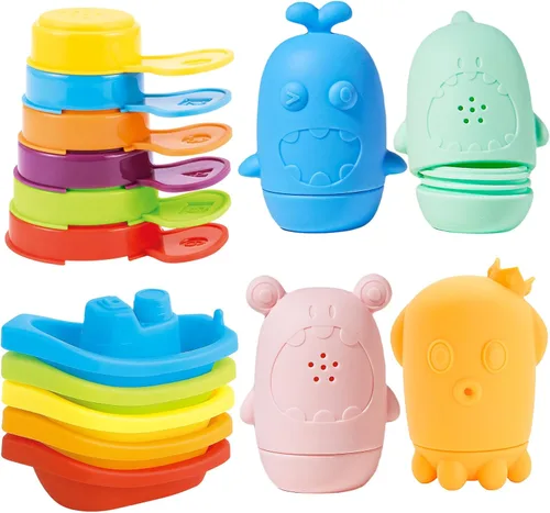 Juguetes de baño para bebés y niños pequeños, 15 piezas, juguetes de agua para bañera sin molde con barcos flotantes de color arcoíris, cucharas y