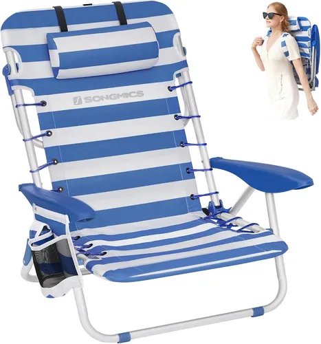 SONGMICS Silla de playa portátil tipo mochila, capacidad de 331 libras, respaldo ajustable con 4 ángulos, 2 bolsillos laterales, toallero, azul y