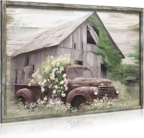 Miniatura 10 de Arte de pared de madera enmarcada de granja: arte de camión viejo rústico pintura de madera de granero para dormitorio