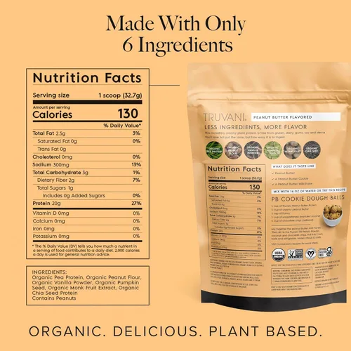 Miniatura 2 de Truvani Proteína vegana de guisantes en polvo, mantequilla de maní, 0.71 oz de proteína orgánica a base de plantas, 20 porciones, ceto, sin gluten