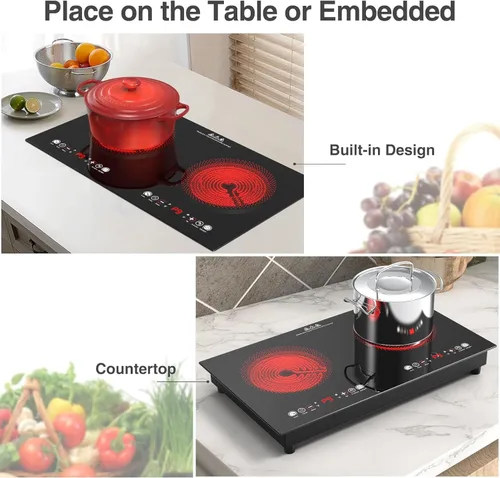 Miniatura 6 de VBGK Cocina eléctrica, 110 V, 24 pulgadas, 2 quemadores, estufa integrada y encimera, estufa de 2200 W, 9 niveles de potencia, bloqueo