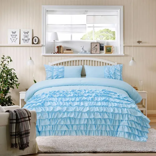 Holawakaka Juego de edredón con volantes en cascada de color azul claro, juego de ropa de cama con volantes estilo shabby chic para niñas, mujeres,