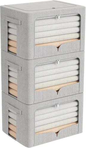 Miniatura 20 de FHSQX Paquete de 3 contenedores de almacenamiento de ropa, caja de almacenamiento plegable con marco de metal, juego organizador apilable de tela