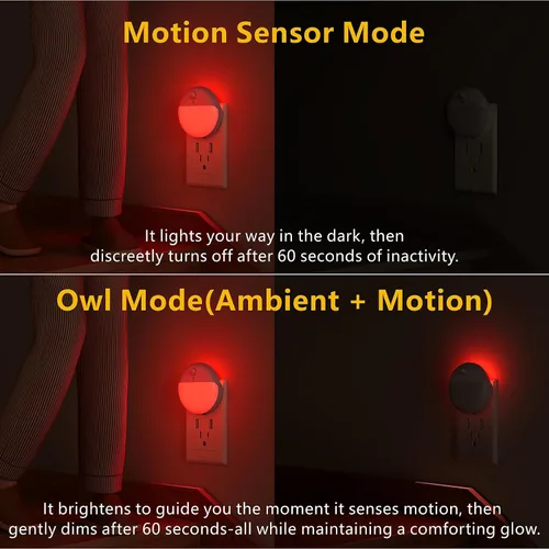 Miniatura 4 de YUNLEX Paquete de 2 luces nocturnas rojas enchufables con sensor de movimiento y sensor de atardecer a amanecer, 3 modos, brillo suave, 0% luz azul
