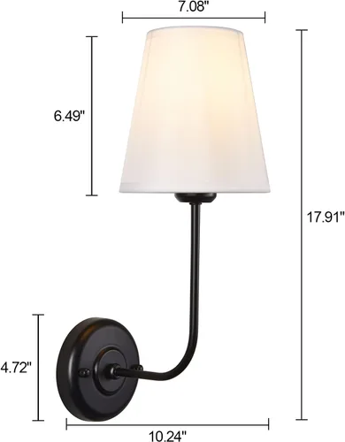 Miniatura 3 de Juego de 2 apliques de pared cableados con forma acampanada, brazo curvado de tela blanca y base de metal con acabado negro, perfecto