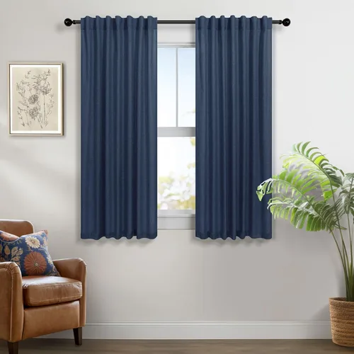 Miniatura 98 de Cortinas de lino azul de 84 pulgadas de largo para sala de estar; juego de 2 paneles con lengüeta trasera; cortinas con dobladillo para barra; Azul