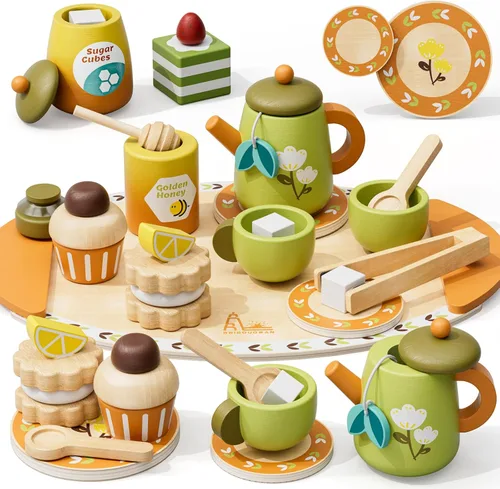 Juego de té de madera para niños pequeños, juguetes de fiesta de té de simulación para niños de 3 a 5 años, regalo para niñas y niños