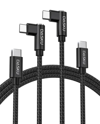 Cable USB C a USB C de 90 grados, paquete de 2 cables de carga de 6 pies y 60 W, para iPhone 17 Pro Max, trenzado de ángulo recto largo tipo C, Negro