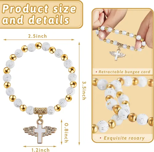 Miniatura 2 de MTLEE 30 pulseras de rosario con cruz de ala de ángel, dijes de cruz con alas de ángel, pulseras de cuentas de bautismo de acrílico para mujeres