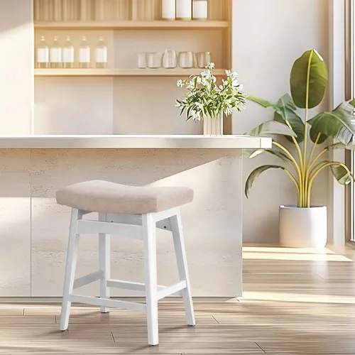 Miniatura 33 de ALPHA HOME Taburete de bar, taburete de cocina de silla de montar de madera maciza con cojín de tela de lino beige, taburete de bar de altura
