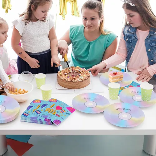 Miniatura 6 de 50 platos y servilletas de papel de fiesta de los 90 para platos de postre de los 90, decoración temática de los años 90, juego de vajilla
