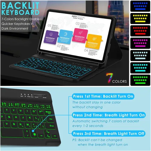 Miniatura 5 de DETUOSI Funda con teclado retroiluminado para Samsung Galaxy Tab A9 8.7 pulgadas SM-X110 WiFi 2023 Android Tablet con S Pen Holder TPU suave a