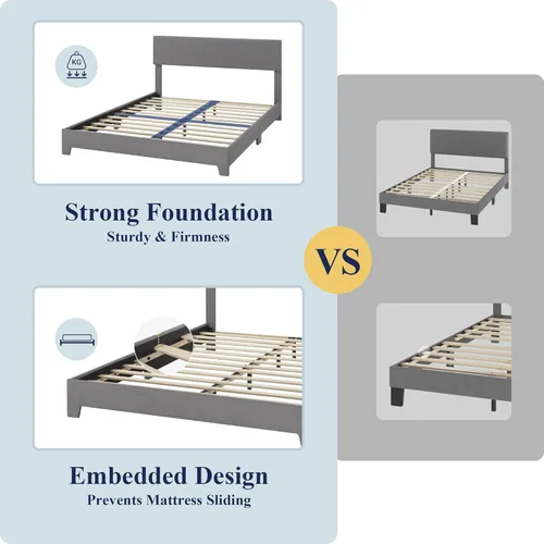 Miniatura 6 de Base de cama Allewie de tamaño matrimonial con cabecera ajustable, cama tapizada con plataforma y listones de madera, base de colchón resistente,