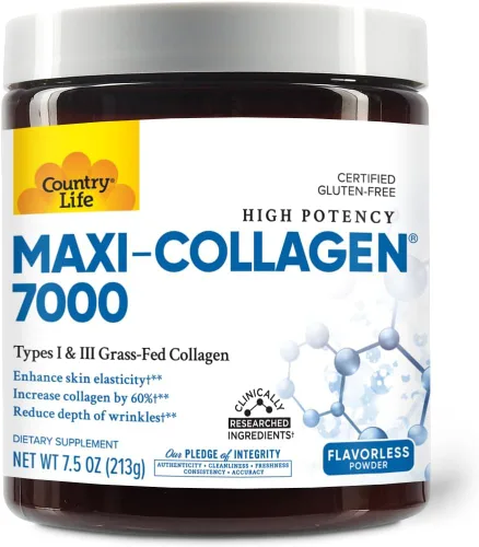 Country Life Maxi-Collagen 7000 Powder - Péptidos de colágeno bioactivos Verisol, vitamina C, A y biotina, 4,500 mg de colágeno alimentado con pasto