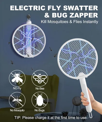 Miniatura 2 de MOSQZAP Matamoscas eléctrico, raqueta plegable para exterminador de insectos, matamoscas electrónico de 3,500 voltios con atractor de luz púrpura