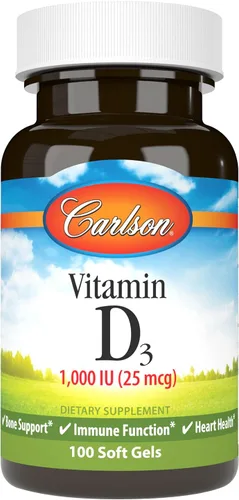 Carlson - Vitamina D3, 1000 UI (25 mcg), salud ósea, salud muscular, colecalciferol, suplementos de vitamina D, geles blandos de vitamina D3, 100