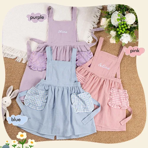 Miniatura 5 de MT WORLD Girls Apron Personalized Linen Kids Aprons for Cooking Toddler Girls Cross Back Apron Pinafore for Baking Crafting