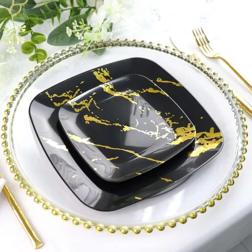 Miniatura 2 de Efavormart - Paquete de 10 platos cuadrados desechables de plástico para ensalada de 8 pulgadas, diseño de mármol negro y dorado, platos de fiesta