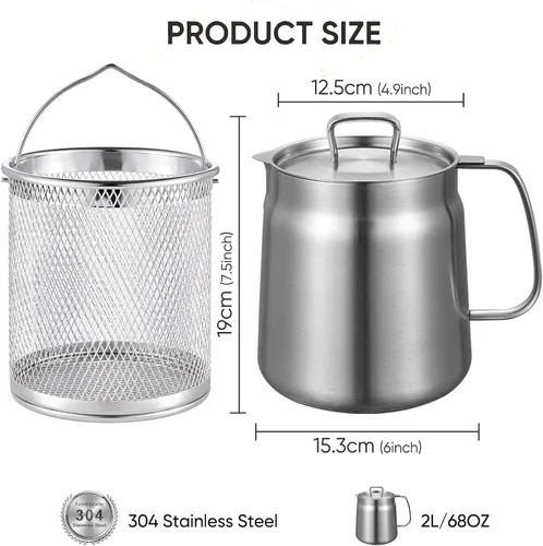 Miniatura 5 de Olla de filtro de aceite de acero inoxidable de 68 onzas con colador extraíble, protector de grasa de tocino, recipiente grande de aceite de cocina