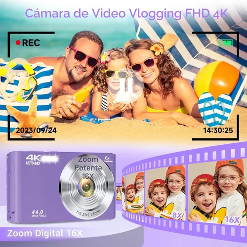 Miniatura 3 de Cámara digital para adolescentes, cámara digital FHD 4K 44MP color púrpura con tarjeta SD de 64GB, zoom digital 16X, cámaras para fotografía, cámara