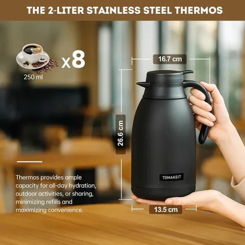 Miniatura 3 de TOMAKEIT Jarra térmica de café de 2L/68 onzas, doble pared al vacío de acero inoxidable 304, termo aislado de acero inoxidable, 24 horas mantiene