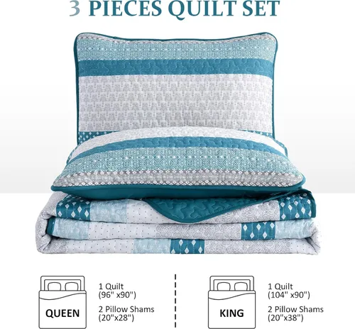 Miniatura 8 de WONGS BEDDING Edredón Azul Gris Tamaño Queen, Juegos de Edredón de Rayas Bohemias 3 Piezas Azul y Gris Boho Juego de Colcha Acolchada de Microfibra