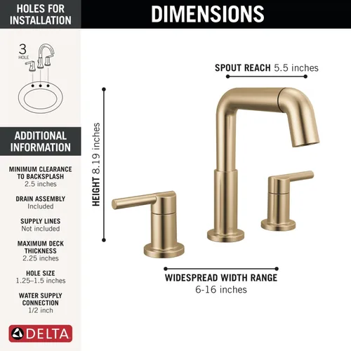 Miniatura 6 de Delta Nicoli - Grifo de baño de oro cepillado con rociador, grifo de fregadero de baño de 8 pulgadas con 3 agujeros y rociador extraíble, desagüe