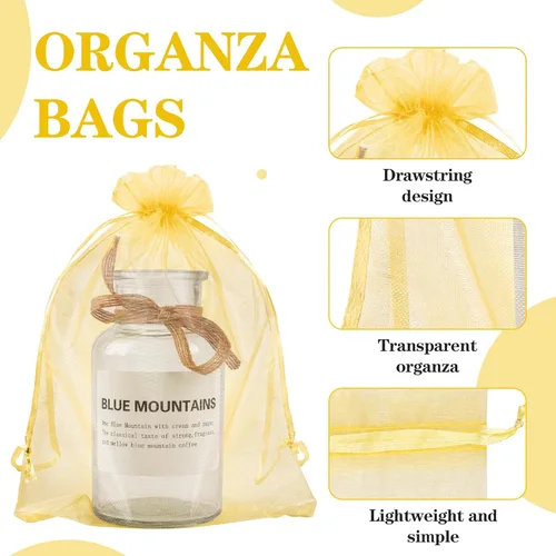 Miniatura 3 de YunKo 50 bolsas de organza de 6 x 9 pulgadas con cordón, bolsa de regalo de malla, bolsa de regalo de organza blanca transparente, bolsas de Dorado