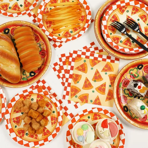 Miniatura 5 de Platos de pizza y servilletas para 50 invitados, suministros para fiestas, decoraciones de fiesta de cumpleaños, juego de vajilla desechable