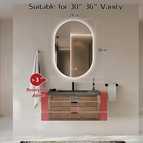 Miniatura 4 de Espejo LED ovalado de 36 x 24 pulgadas para baño, espejo de tocador iluminado en forma de píldora con luces, espejo retroiluminado sin marco montado