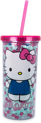 Sanrio - Taza de carnaval de Hello Kitty con popote reutilizable y tapa a prueba de fugas, vaso frío de plástico para bebidas de té con leche Boba,