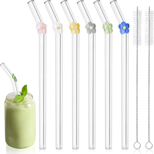 6 popotes de vidrio Boba reutilizables, 8.3 pulgadas x 0.394 in de ancho con dijes de flores, pajitas de té de burbujas reutilizables, aptas para