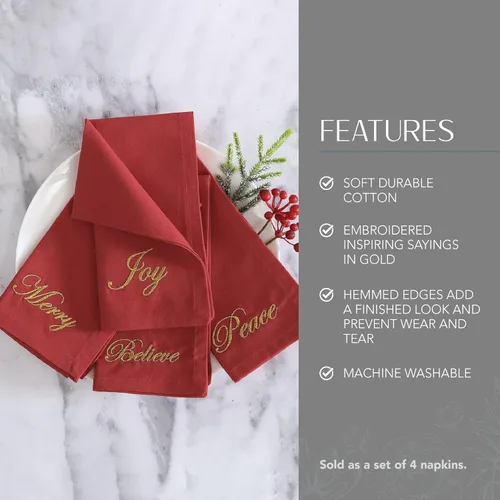 Miniatura 3 de Elrene Home Fashions Holiday Sentiments Seasonal Sayings Servilletas de Tela para Cena, Juego de 4, 17 Pulgadas por 17 Pulgadas, Rojo