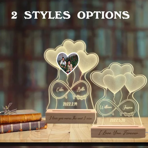 Miniatura 3 de Luz nocturna personalizada con ilusión 3D con base de madera, lámpara de corazón personalizada con texto de imagen, luz nocturna LED acrílica