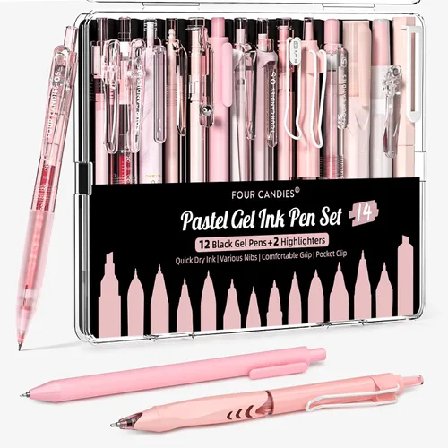 Miniatura 11 de FOUR CANDIES - Paquete de 14 bolígrafos pasteles bonitos, estéticos y retráctiles con tinta de gel negra, punta fina de 0.5 mm, incluye 2 Azul