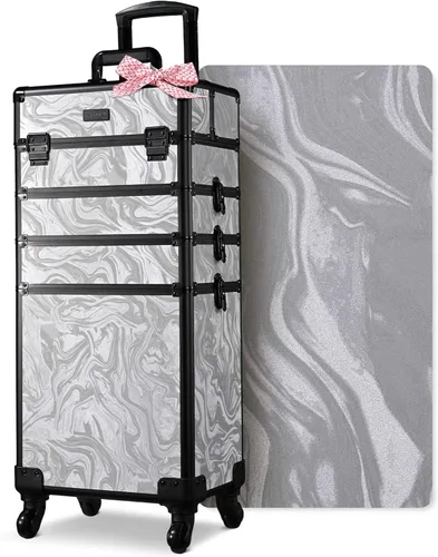 Miniatura 44 de BYOOTIQUE estuche rodante para maquillaje 4 en 1, con cerradura, maletín tipo trolley para cosméticos, con 4 ruedas extraíbles, organizador de viaje