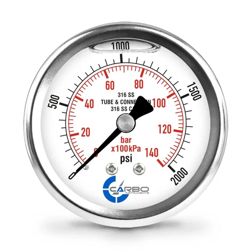 Miniatura 40 de Medidor de presión relleno de líquido de 300 PSI, dial de 2.5 pulgadas, montaje trasero 1/4 NPT, estuche 316 SS, 316 piezas mojadas SS, PSI/barra