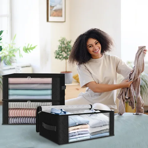 Miniatura 6 de HomeHacks Paquete de 3 bolsas organizadoras de ropa, caja de almacenamiento plegable con gran ventana transparente y asas resistentes para armario