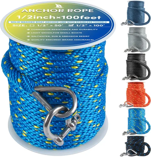 Miniatura 21 de Cuerda de anclaje premium de 100 pies x 3/8 pulgadas, cuerda marina de línea de anclaje MFP trenzada sólida con dedal y grillete, color negro