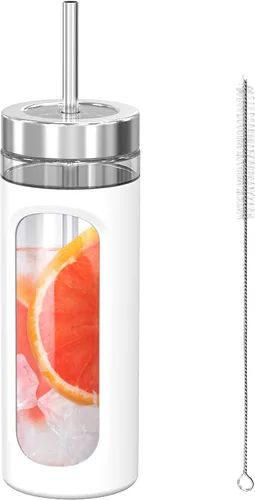 Miniatura 40 de Kodrine Vaso para agua de vidrio de 20 onzas con popote y tapa, botella de agua con tapas de bambú, taza para café helado, reutilizable, boca ancha
