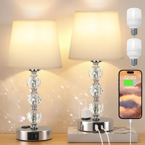 Miniatura 9 de Lámpara de mesa, de cristal, regulable de 3 vías, con 2 puertos de carga USB, de 17.7 pulgadas de alto con moderna pantalla, lámpara de cama
